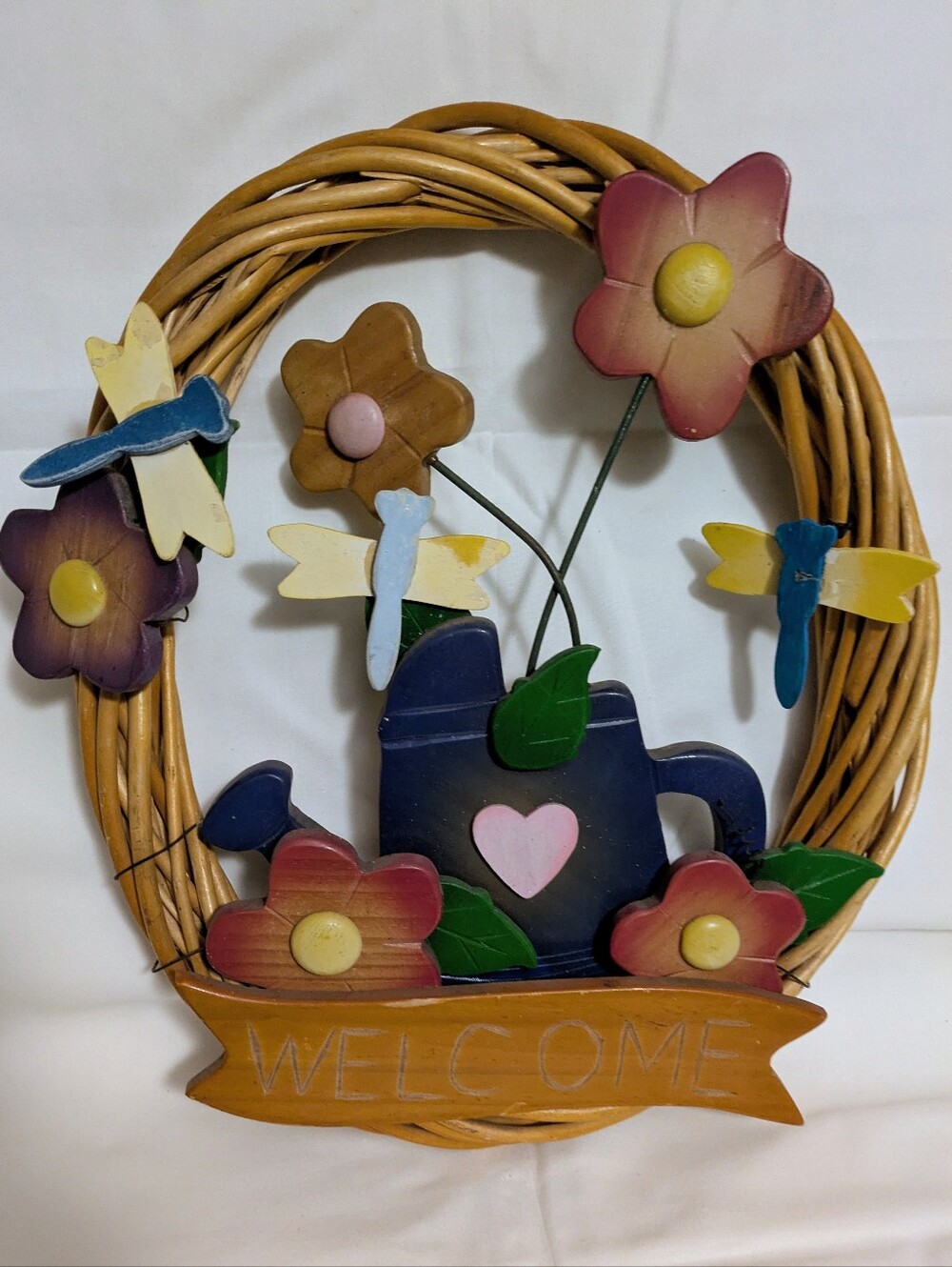 Wreath Wooden Floral Welcome Wreath with Watering Can Flowers Dragonflys Vintage